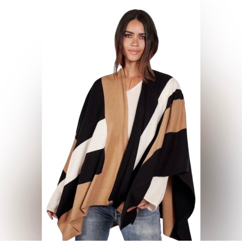 Parrish LA Poncho Wrap Women OS Brown Black Excellent Colorblock Knit PA281